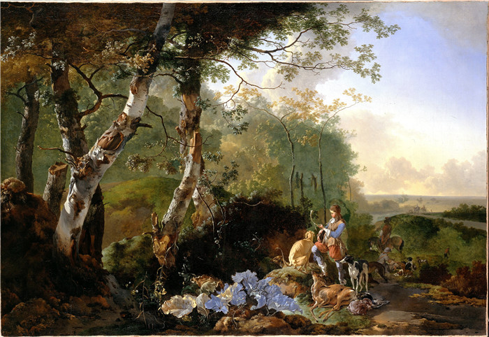 亚当·皮纳克(Adam Pynacker)作品-景观与运动员Landscape with Sportsmen and Game