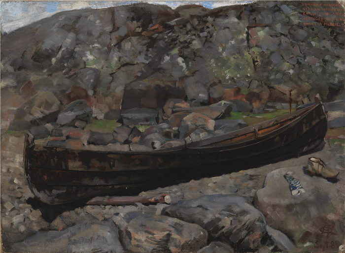 阿克塞利·加伦-卡莱拉(Akseli Gallen-Kallela)作品-旧教堂附近的岩石海岸上的船