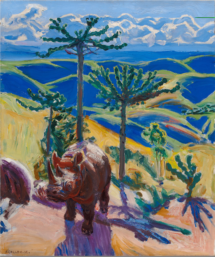 阿克塞利·加伦-卡莱拉(Akseli Gallen-Kallela)作品-犀牛和大戟树