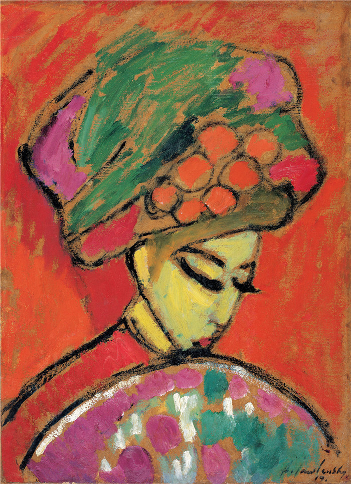 阿列克谢·贾伦斯基(Alexei Jawlensky)作品-戴花帽的少女Young Girl with a Flowered Hat, 1910