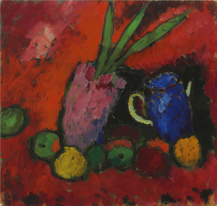 阿列克谢·贾伦斯基(Alexei Jawlensky)作品-静物:风信子、蓝罐与苹果