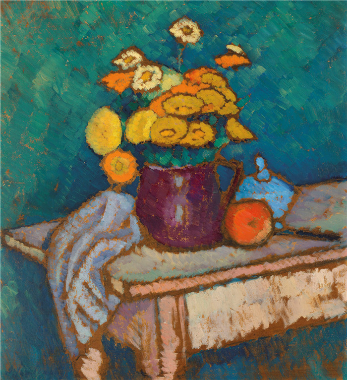 阿列克谢·贾伦斯基(Alexei Jawlensky)作品-静物 与 布 ,花 和 苹果
