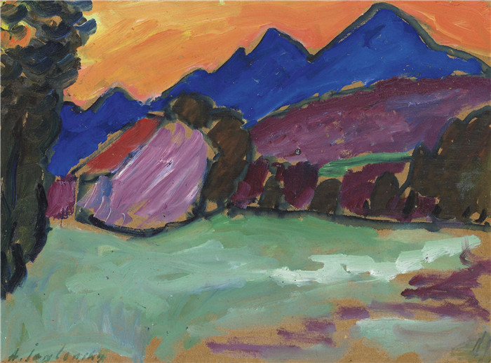 阿列克谢·贾伦斯基(Alexei Jawlensky)作品-红色的夜晚 - 蓝色的山脉Roter Abend