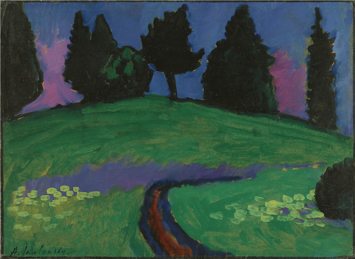 阿列克谢·贾伦斯基(Alexei Jawlensky)作品-绿色山坡上的黑树 Dunkle Bäume über grünem Hang