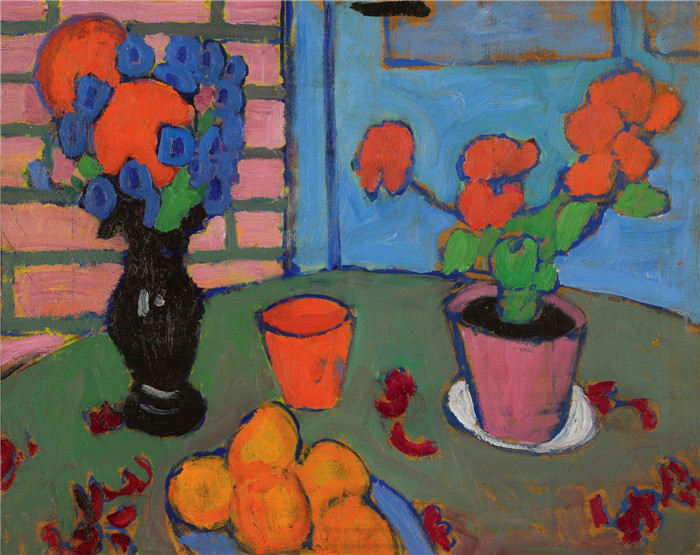 高清作品-静物:花与橙子 Stillleben mit Blumen und Orangen (1909)
