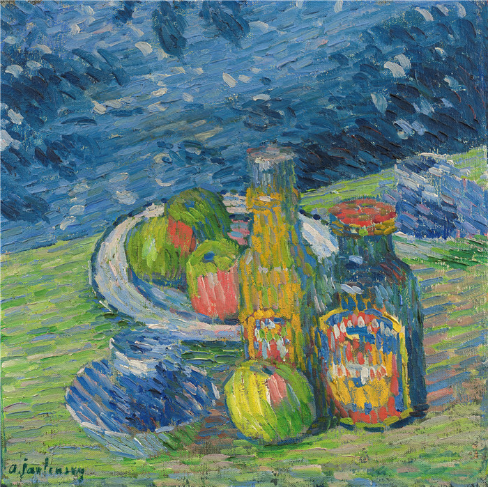阿列克谢·贾伦斯基(Alexei Jawlensky)作品-瓶子和水果静物画Still Life with Bottles and Fruit