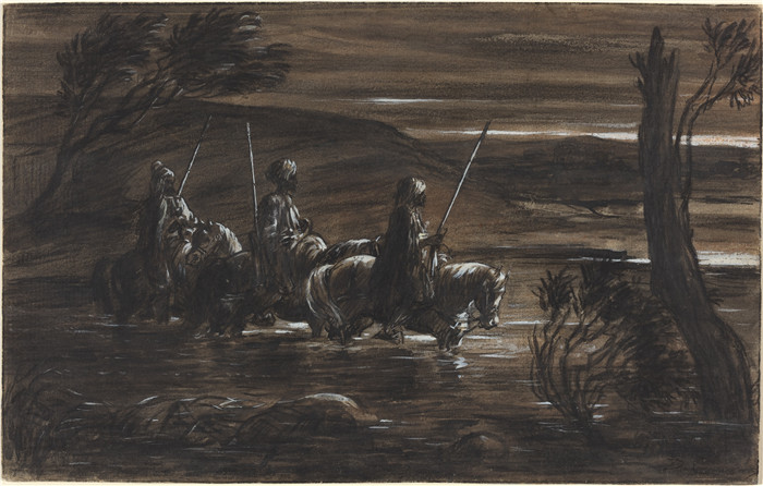 亚历山大·加布里埃尔·尚(Alexandre-Gabriel Decamps)作品-《三个阿拉伯骑士过河》