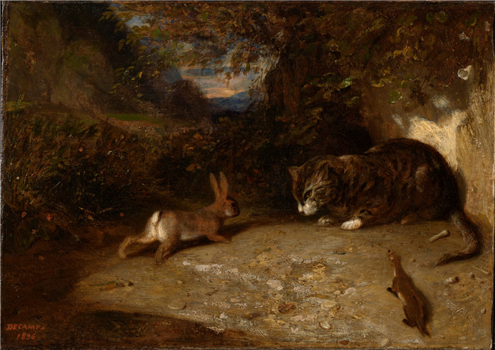亚历山大·加布里埃尔·尚(Alexandre-Gabriel Decamps)作品-猫、黄鼠狼和兔子Cat, Weasel, and Rabbit