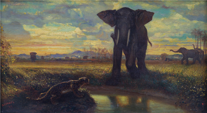 亚历山大·加布里埃尔·尚(Alexandre-Gabriel Decamps)作品-老虎和大象在源头Tigre et éléphant à la source