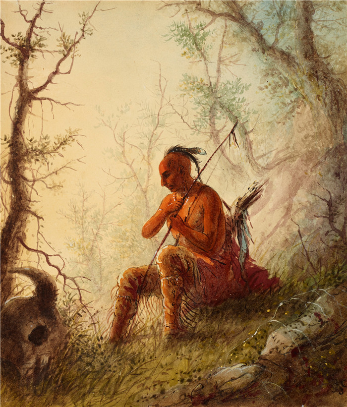 阿尔弗雷德·雅各布·米勒 (Alfred Jacob Miller)-在坟墓前的印第安人 sioux indian at a grave