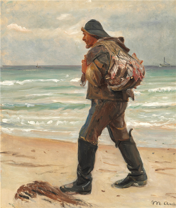 迈克尔·彼得·安切尔(Michael Peter Anche)作品-在海滩上行走的渔夫,背上放满鱼的网
