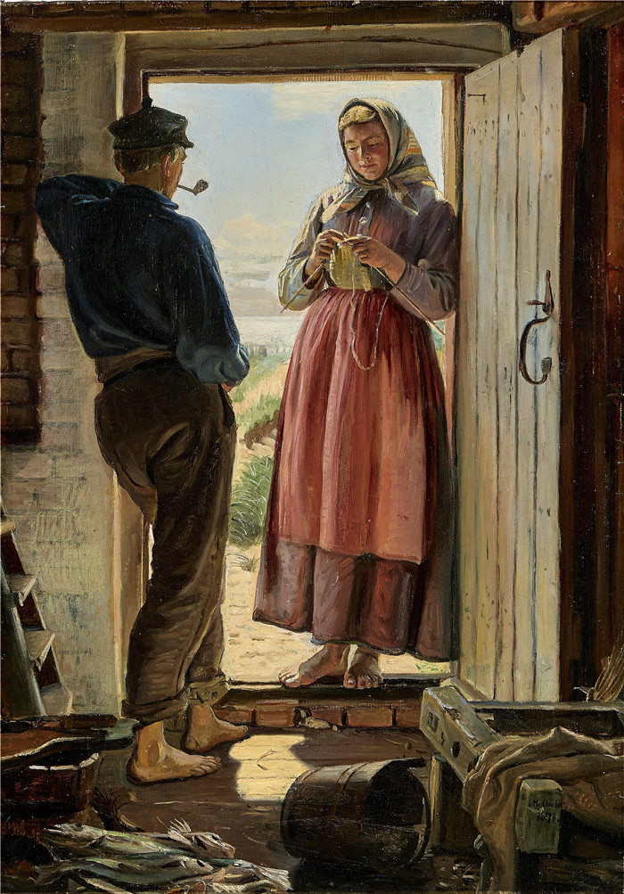 迈克尔·彼得·安切尔（Michael Peter Anche）作品-求婚. 年轻的渔夫和编织女孩在门口