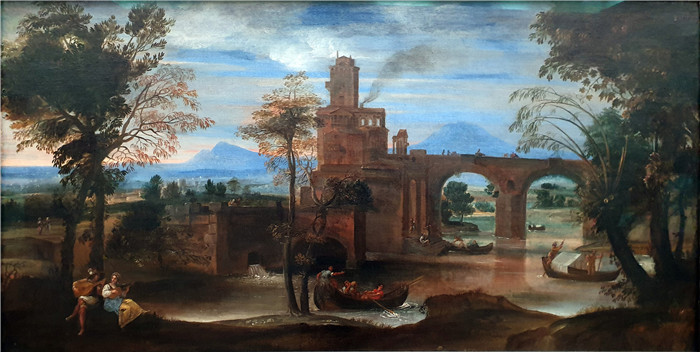 安尼巴莱·卡拉奇（Annibale Carracci）作品-罗马河景与城堡和桥梁