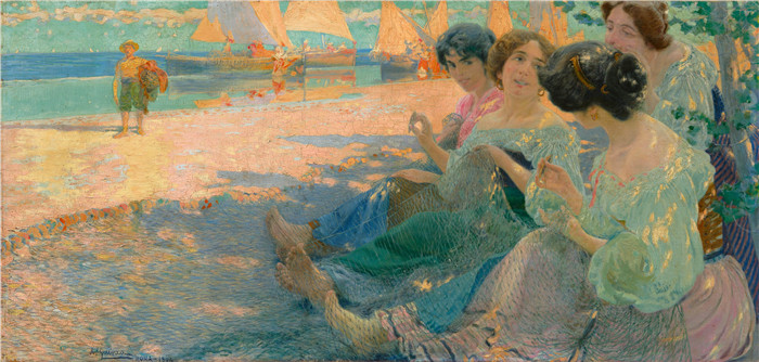 安塞尔莫·吉尼亚(Anselmo Guinea)的画作-修船工 Net menders 1904