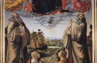 多梅尼哥·基尔兰达约（Domenico Ghirlandaio，1448-1494，意大利）作品-基督与圣本尼迪克特（c.480-547），圣罗穆尔德（c.952-1027），圣阿提尼亚，圣格雷西尼亚