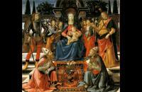 多梅尼哥·基尔兰达约（Domenico Ghirlandaio，1448-1494，意大利）作品-麦当娜和孩子与四个天使一起登基，大天使迈克尔和拉斐尔，以及圣古斯托和圣泽诺比乌斯