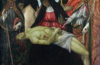 弗朗切斯科·博蒂奇尼（Francesco Botticini，1448-1498，意大利）作品-圣母怜子图与图卢兹的圣路易斯、圣多米尼克、圣詹姆斯少校和巴里的圣尼古拉斯