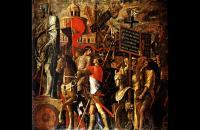 安德里亚·曼特尼亚（Andrea Mantegna，意大利画家，1431-1506）作品-缴获的雕像和攻城装备、被俘城市的代表和铭文（凯撒的胜利）