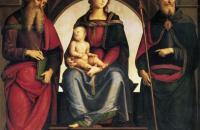 彼得罗·佩鲁吉诺（Pietro Perugino，意大利）-圣徒与约翰·奥古斯丁之间的宝座夫人与孩子