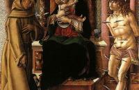 卡洛·克里维利（Carlo Crivelli，意大利画家，1435-1495）作品--圣母子与圣弗朗西斯和塞巴斯蒂安