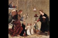 安东尼亚佐·罗马诺（Antonazzo Romano，1430-1510，意大利画家）作品-与红衣主教托克马达报喜