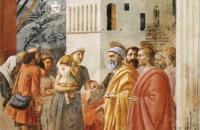 马萨乔（Masaccio，意大利，1401-1428）作品-施舍的分配和亚拿尼亚的死